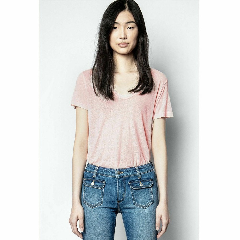Zadig & Voltaire Atal Lin Solid T-Shirt Tee Tunic Top Beaded Pink M New
